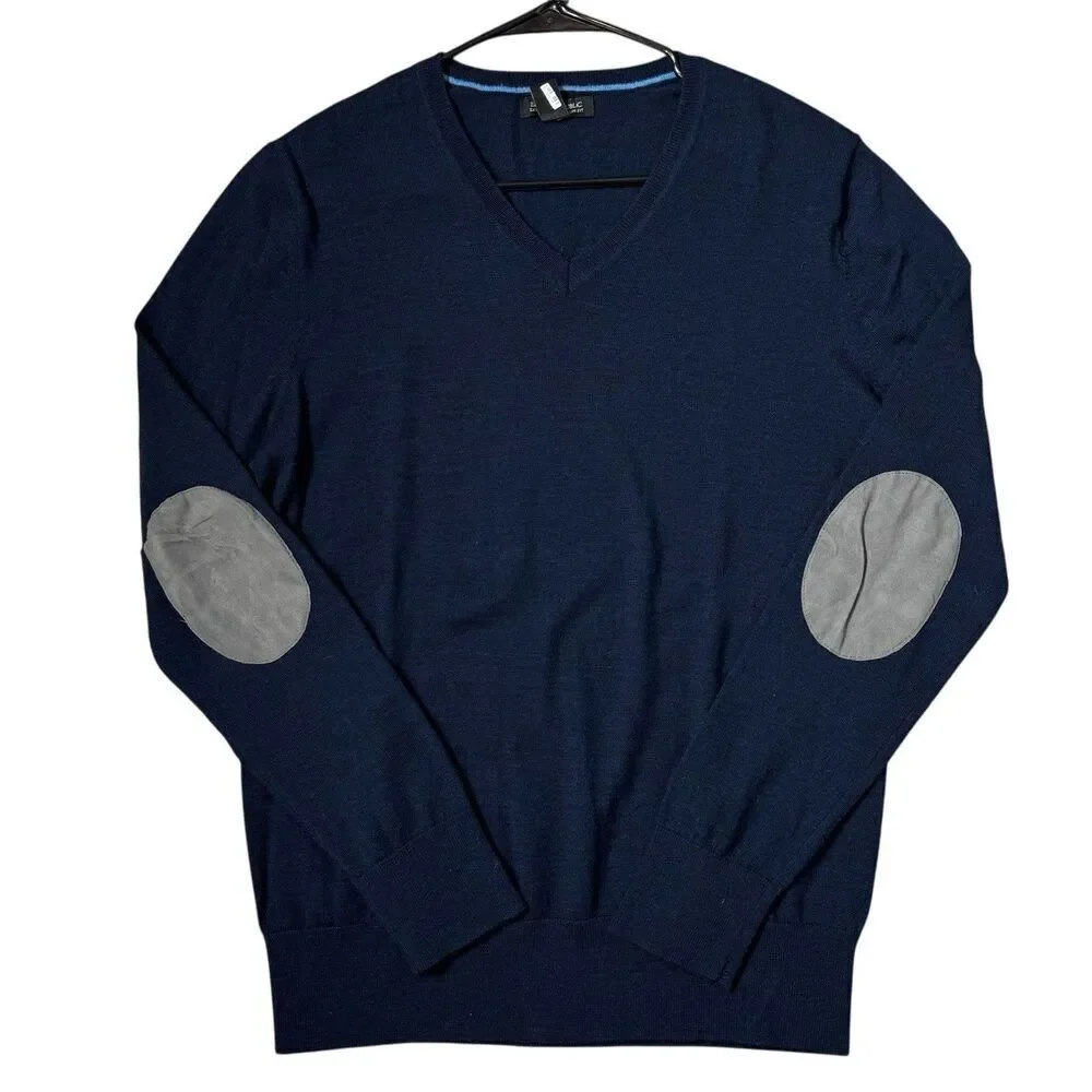 Banana Republic Merino Wool Elbow Patch Sweater Mens Large Navy Preppy Old Money